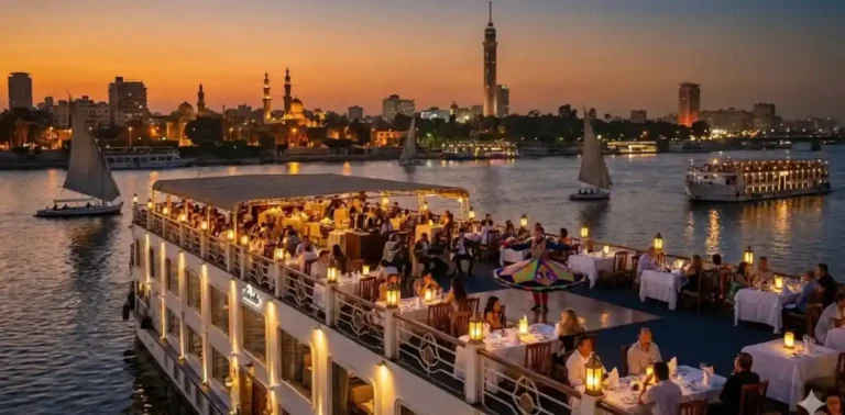 Nile cruise at sunset during a 10 day Egypt tour — feluccas and green riverbanks